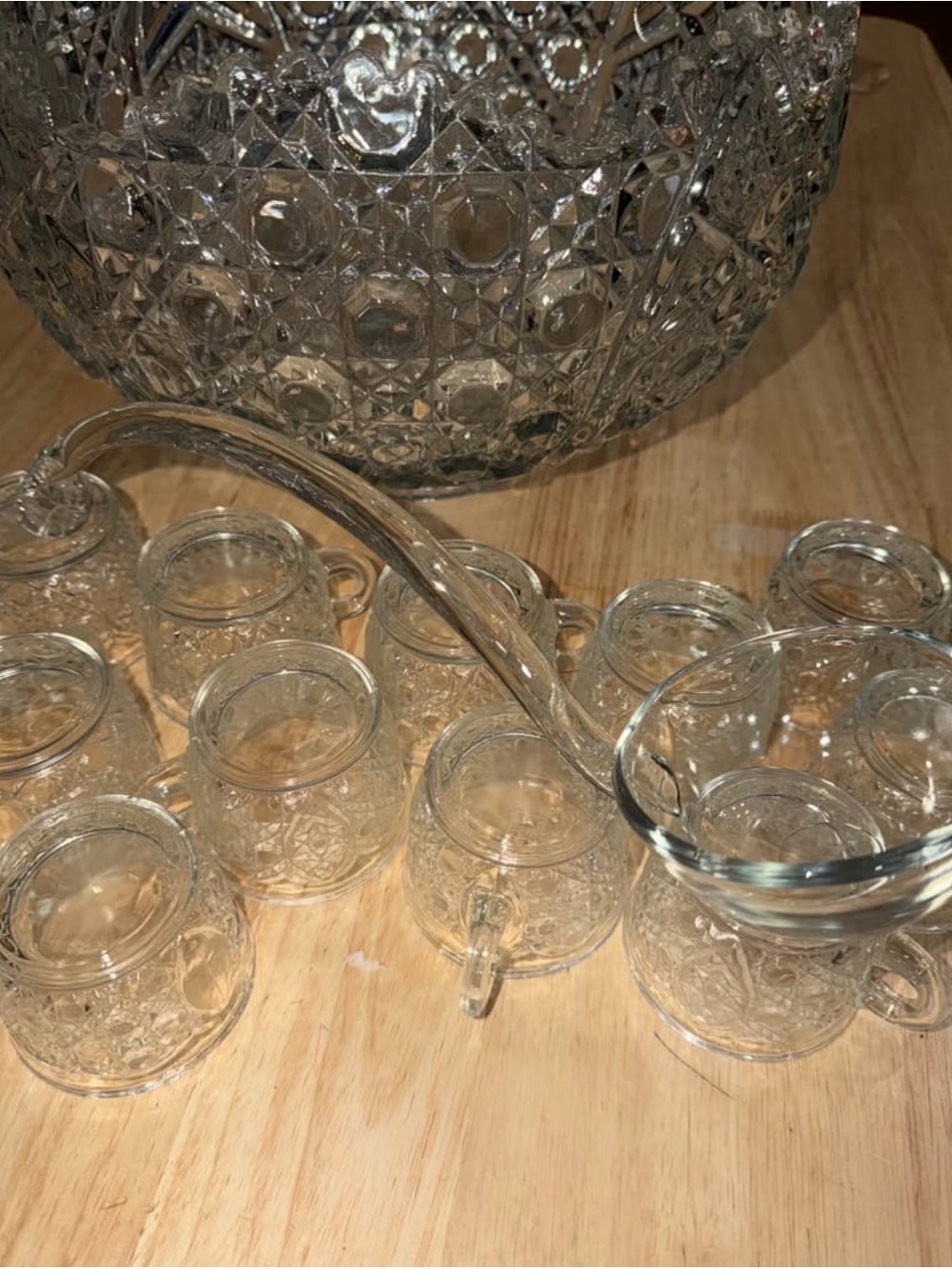 Vintage L.E. Smith Clear Glass Pressed Punch Bowl Set with Ladle and Cups